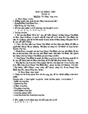 Đáp án tiếng Việt Lớp 5 tuần 21 - Bài 21: Trí dũng song toàn
