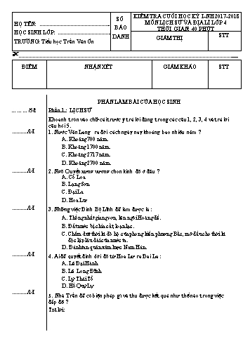 Đề kiểm tra cuối HK I - Lịch sử và Địa lí Lớp 4