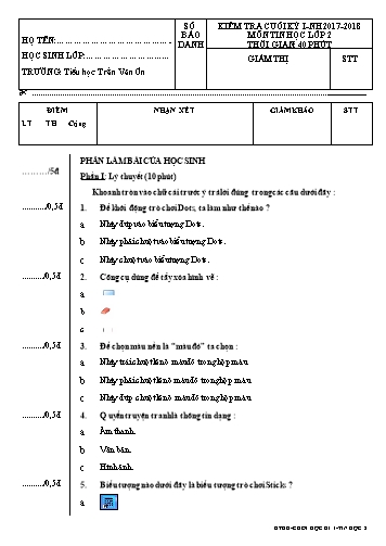 Đề kiểm tra cuối HK I - Tin học Lớp 2