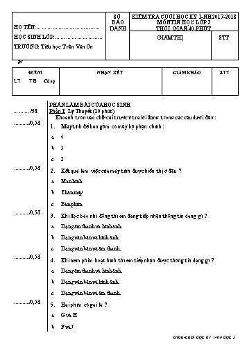 Đề kiểm tra cuối HK I - Tin học Lớp 3