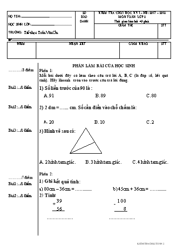 Đề kiểm tra cuối HKI - Toán Lớp 2