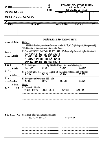 Đề kiểm tra cuối HKI - Toán Lớp 4 (4.5)