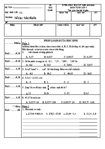 Đề kiểm tra cuối HKI - Toán Lớp 5 (5.1)