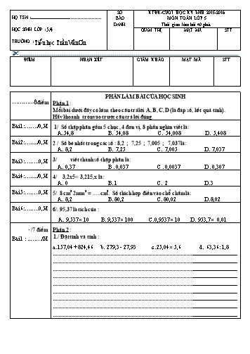 Đề kiểm tra cuối HKI - Toán Lớp 5 (5.4)