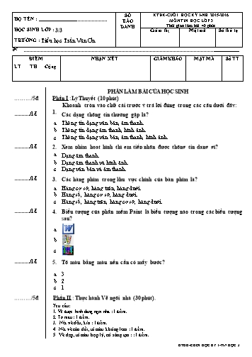 Đề kiểm tra ĐK cuối HKI (đề A) - Tin học Lớp 3