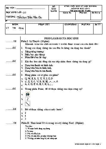 Đề kiểm tra ĐK cuối HKI (đề B) - Tin học Lớp 3