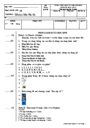 Đề kiểm tra ĐK cuối HKI (đề C) - Tin học Lớp 3