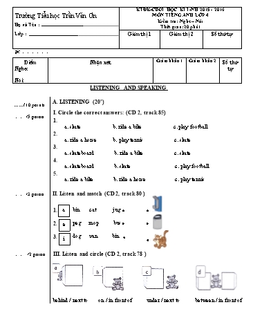 Đề kiểm tra ĐK cuối HKI - tiếng Anh Lớp 4