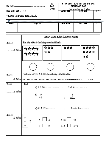 Đề kiểm tra ĐK cuối HKI - Toán Lớp 1 (1.6)