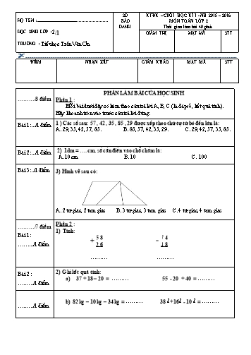 Đề kiểm tra ĐK cuối HKI - Toán Lớp 2 (2.1)