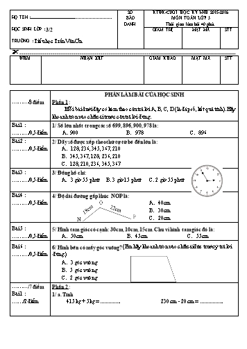 Đề kiểm tra ĐK cuối HKI - Toán Lớp 3 (3.2)