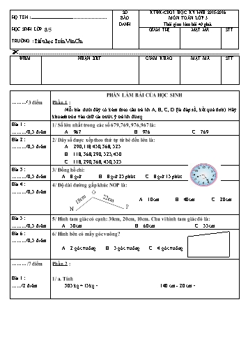 Đề kiểm tra ĐK cuối HKI - Toán Lớp 3 (3.5)