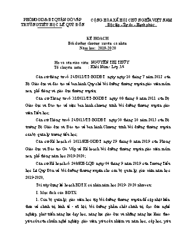 Kế hoạch - Bồi dưỡng thường xuyên cá nhân khối Lớp 5 - Nguyễn Thị Thủy