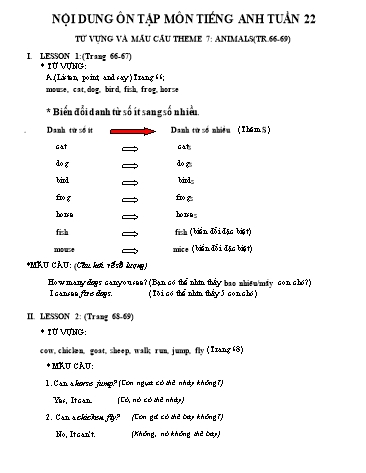 Nội dung ôn tập tiếng Anh Lớp 2 - Ôn tập từ vựng và mẫu câu Theme 7 (tuần 22)