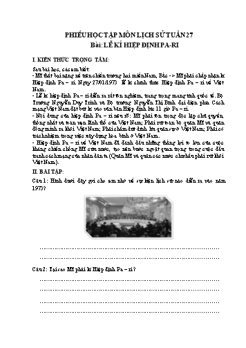 Phiếu bài tập Lịch sử Lớp 5 - Bài: Lễ kí hiệp định Pa-ri