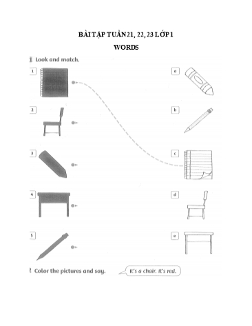 Phiếu bài tập tiếng Anh Lớp 1 - Tuần 21, 22, 23