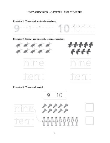 Phiếu bài tập tiếng Anh Lớp 1 - Unit 4: Revision-Letters and Numbers