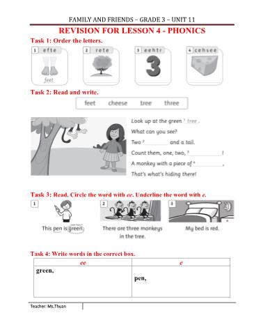 Phiếu bài tập tiếng Anh Lớp 3 - Unit 11: Revision for lesson Phonics, Reading, Writing