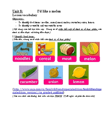 Phiếu bài tập tiếng Anh Lớp 4 - Unit 8: I’d like a melon-Lesson vocabulary