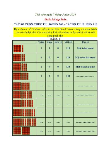 Phiếu bài tập Toán Lớp 2 - Các số tròn chục từ 110 đến 200-Các số từ 101 đến 110