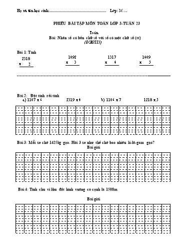 Phiếu bài tập Toán Lớp 3 - Tuần 23: Nhân chia số có bốn chữ số với số có một chữ số