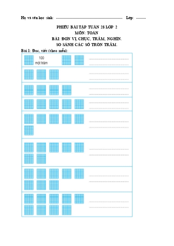 Phiếu ôn tập Toán Lớp 2 tuần 28 - Bài: Đơn vị, chục, trăm, nghìn. So sánh các số tròn trăm