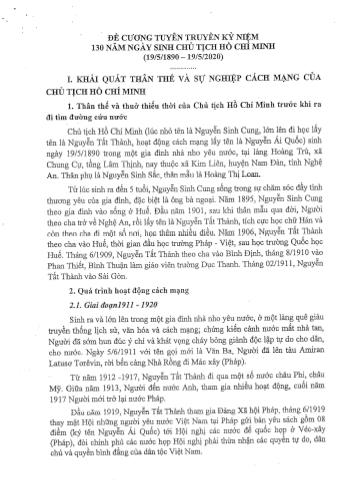 Tài liệu - Đề cương tuyên truyền kỷ niệm 130 năm ngày sinh Chủ tịch Hồ Chí Minh (19/5/1890 - 19/5/2020)