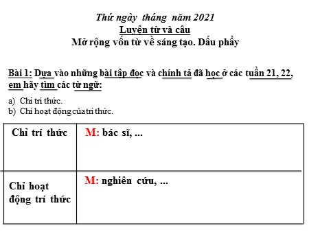 Bài giảng Luyện từ và câu - Mở rộng vốn từ về sáng tạo. Dấu phẩy - tiếng Việt Lớp 3