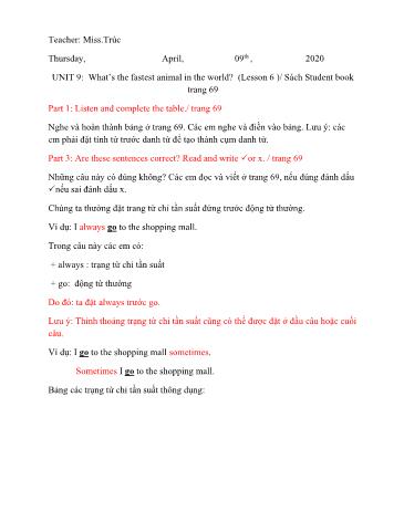 Bài giảng tiếng Anh Lớp 5 - Unit 9: What’s the fastest animal in the world? (Lesson 6 ) - Sách Student book (trang 69)