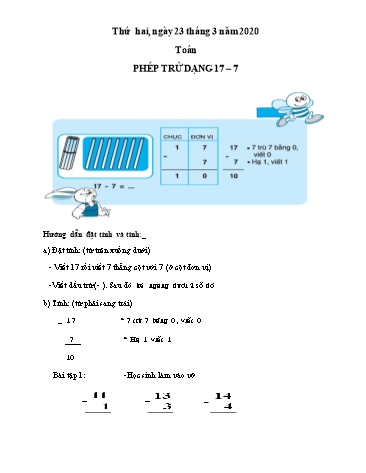 Bài giảng Toán Lớp 1 tuần 21 - Bài: Phép trừ dạng 17- 7