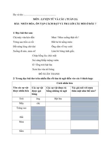 Phiếu bài tập Luyện từ và câu (tuần 21) - Bài: Nhân hóa. Ôn tập cách đặt và trả lời câu hỏi Ở đâu? - tiếng Việt Lớp 3