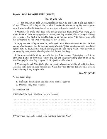 Phiếu bài tập Tập đọc - Ông tổ nghề thêu - tiếng Việt Lớp 3