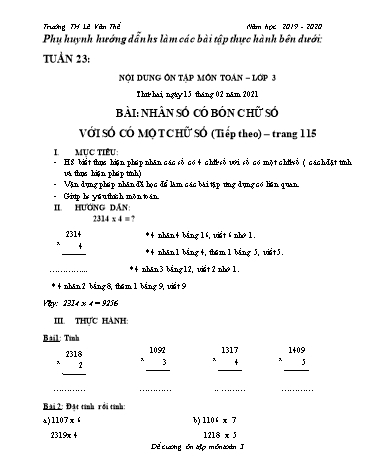 Phiếu học tập tại nhà - Tuần 23: Nhân số có bốn chữ số với số có một chữ số (tiếp theo) - Toán Lớp 3