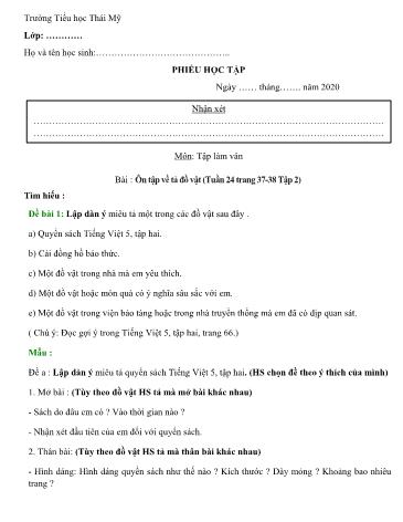 Phiếu học tập Tập làm văn - Bài: Ôn tập về tả đồ vật (tuần 24 trang 37-38 Tập 2) - tiếng Việt Lớp 5