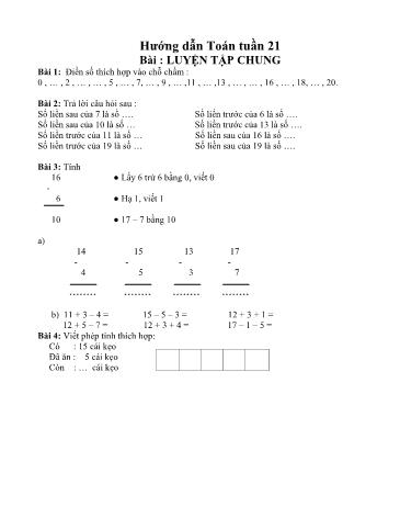 Phiếu học tập Toán - Tuần 21: Luyện tập chung - Lớp 1