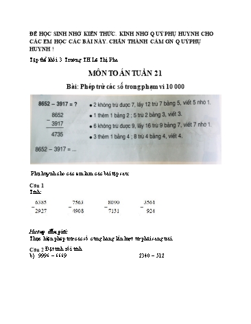 Phiếu ôn tập tại nhà - Tuần 21: Phép trừ các số trong phạm vi 10000 - Toán Lớp 3
