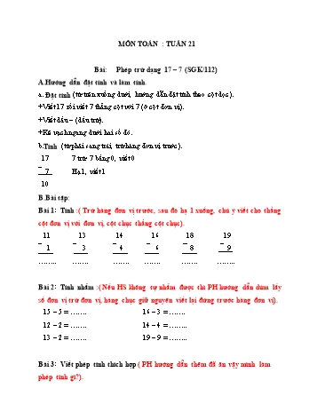 Phiếu ôn tập tại nhà - Tuần 21: Phép trừ dạng 17- 7 - Toán Lớp 1