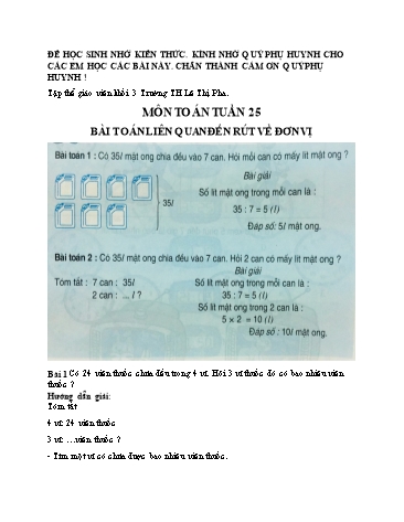 Phiếu ôn tập tại nhà - Tuần 25: Bài toán liên quan đến rút về đơn vị - Toán Lớp 3