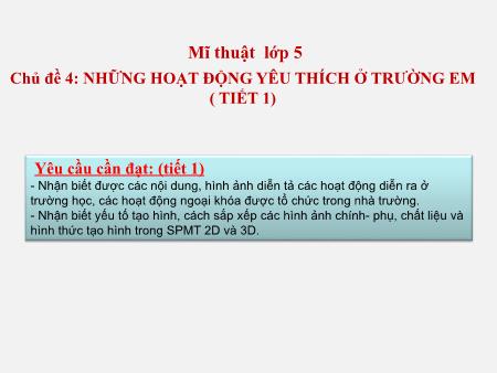 Bài giảng Mĩ Thuật 5 - Chủ đề 4: Những hoạt động yêu thích ở trường em (Tiết 1)